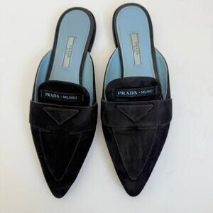 Prada Black Suede leather logo slip on slide loafer mules EU 37